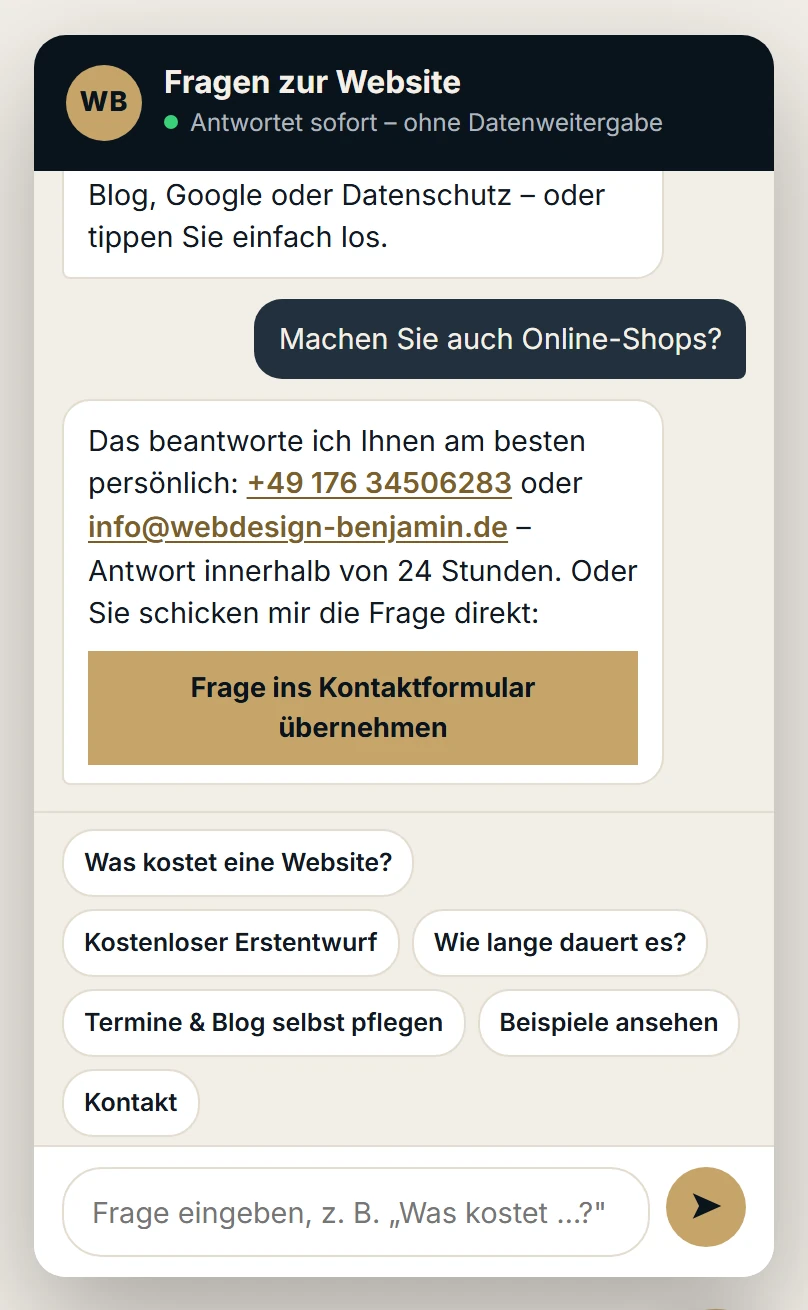 Der Chat-Assistent beantwortet eine unbekannte Frage mit Telefon, E-Mail und dem Knopf, der die Frage ins Kontaktformular übernimmt