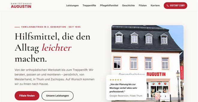 Startseite des Sanitätshauses Augustin – helles Design mit Foto des Stammhauses