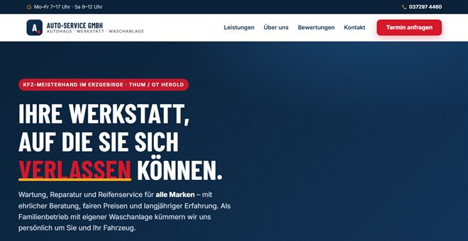 Startseite der Auto-Service GmbH Thum/Herold – dunkles Werkstatt-Design mit roten Akzenten