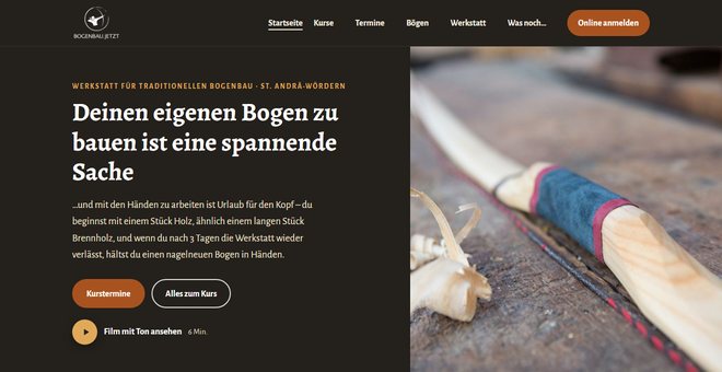 Website bogenbau.jetzt – Bogenbaukurs in Joe Knauers Werkstatt bei Wien