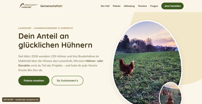 Startseite von GemeinschaftsEi – Huhn auf der Wiese vor dem Luisenhof