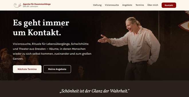 Die neue Website von Dirk M. Lehmann – Foto von der Theaterbühne und die Überschrift „Es geht immer um Kontakt.“