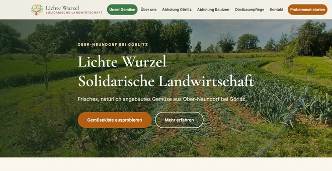Die neue Website der SoLaWi Lichte Wurzel – Gemüsefeld in Ober-Neundorf und der Knopf „Gemüsekiste ausprobieren“