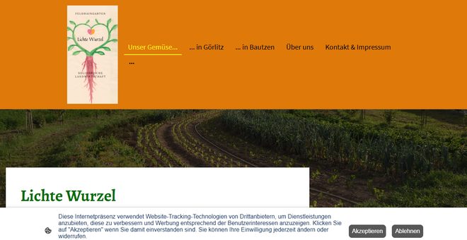 Die frühere Website der SoLaWi Lichte Wurzel: Baukasten-Layout mit Cookie-Banner