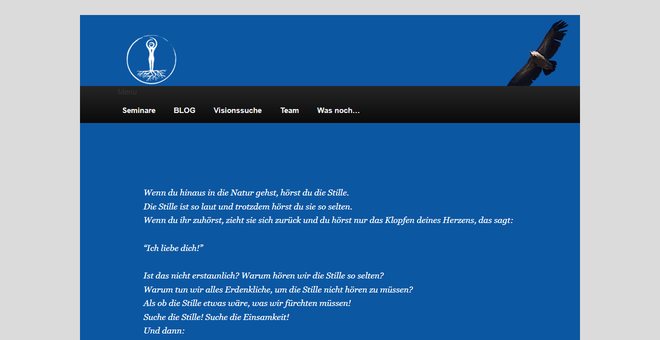Die frühere WordPress-Seite von visionssuche.jetzt: Standard-Theme in Blau, Gedicht statt Angebot